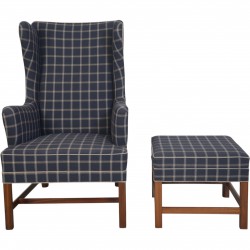 Kaare Klint KK6212 Sæt med wing chair og skammel i blåt Cotil stof 1980'erne