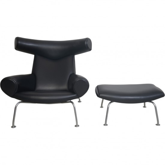 Hans Wegner Ox chair med skammel i sort læder 2001