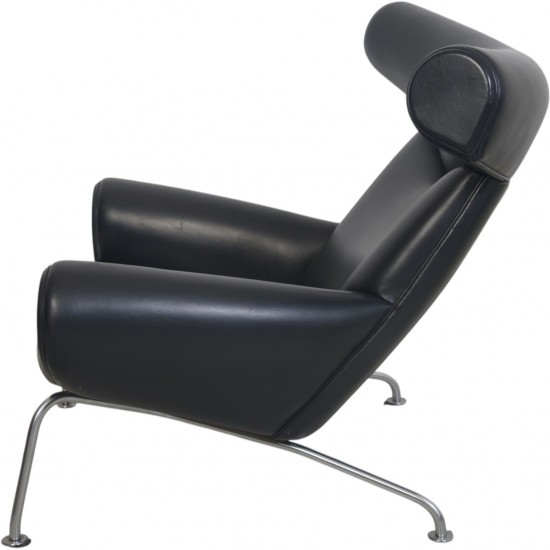 Hans Wegner Ox chair med skammel i sort læder 1990'erne
