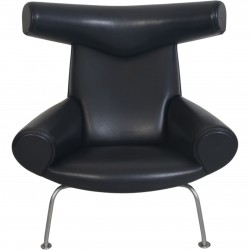 Hans Wegner Ox chair med skammel i sort læder 1990'erne