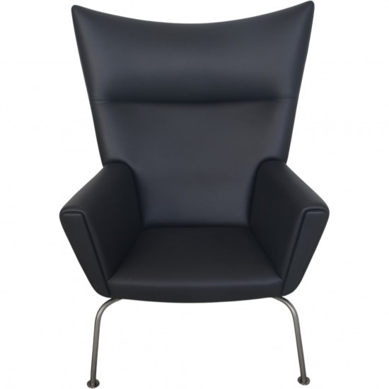 Hans Wegner CH445 Wing chair reupholstered in black Bizon leather