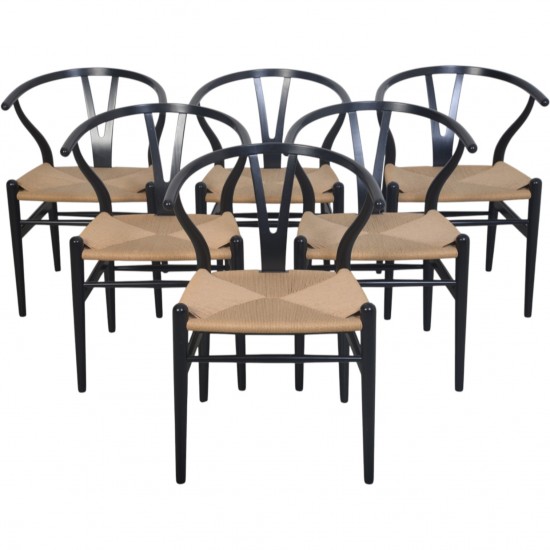 Sæt af 6 Hans Wegner Y-stole i sort lakeret bøg 2016