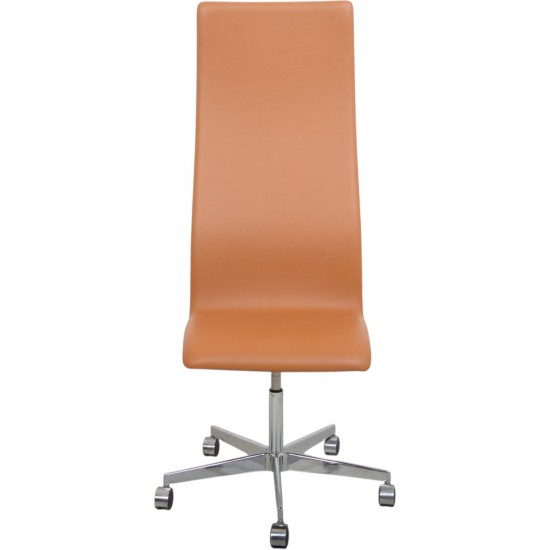 Arne Jacobsen Tall oxford office chair reupholstered in cognac nevada leather 2010s