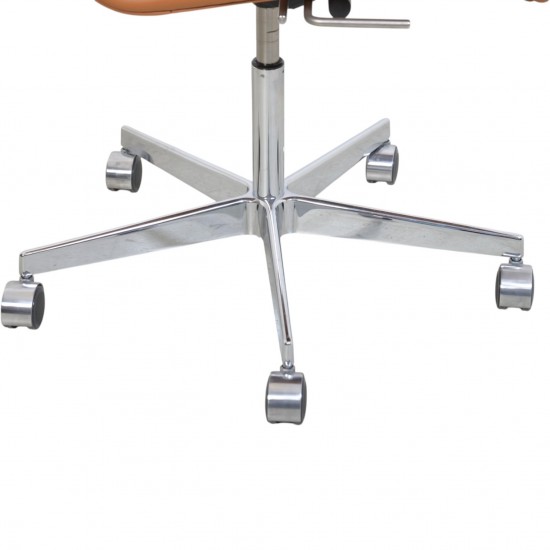 Arne Jacobsen Tall oxford office chair reupholstered in cognac nevada leather 2010s