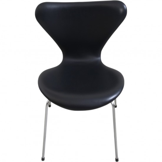 Sæt af Seks Arne Jacobsen Syver stole i sort læder 1980'erne