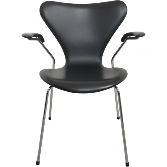 Sæt af 5 Arne Jacobsen Syver armstole i sort læder 1990'erne