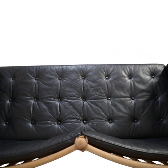 Børge Mogensen Spoke back sofa in beech and black leather 1963