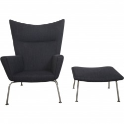 Hans Wegner Wingchair with stool in grey fabric 2019