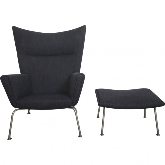 Hans Wegner Wingchair with stool in grey fabric 2019