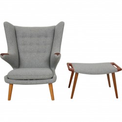 Hans Wegner Papa bear chair with stool in grey Hallingdal fabric