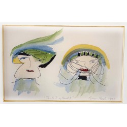 Jørgen Nash Akvarel "Tante 1 og Tante 2"