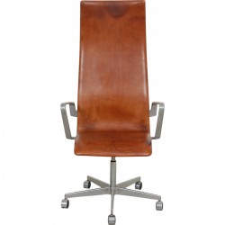 Arne Jacobsen Tall Oxford Office chair in patinated cognac leather