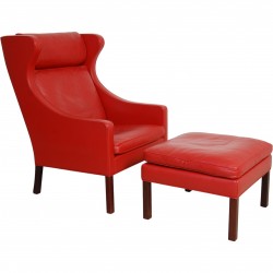 Børge Mogensen 2204 wingchair with ottoman in red leather
