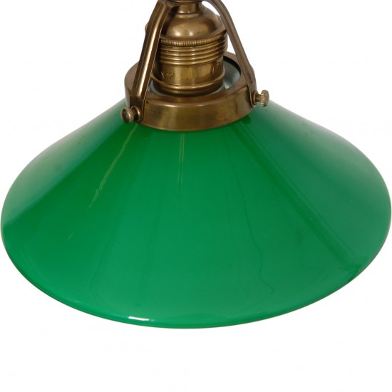 Vintage dobbeltarmet bordlampe i messing med grønne glasskærme