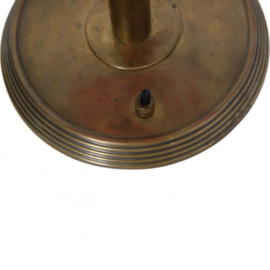 Vintage dobbeltarmet bordlampe i messing med grønne glasskærme