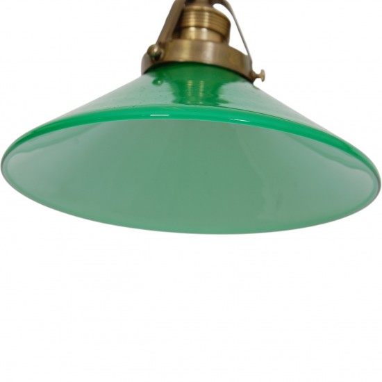 Vintage dobbeltarmet bordlampe i messing med grønne glasskærme