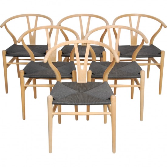 Sæt med 6 Hans Wegner Y-stole CH24 i ask