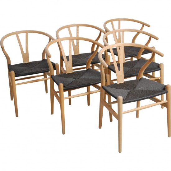 Sæt med 6 Hans Wegner Y-stole CH24 i ask