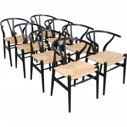 Set of 8 black Hans Wegner Wishbone chairs CH24