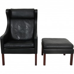 Børge Mogensen Wingchair with ottoman in black leather