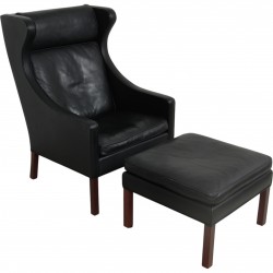 Børge Mogensen Wingchair with ottoman in black leather