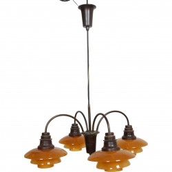 Poul Henningsen PH2/2 vintage 4-armed bombardements chandelier with amber glass