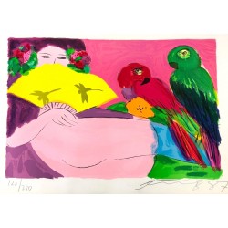Walasse Ting Litografi i farver af Kvinde og fugle.
