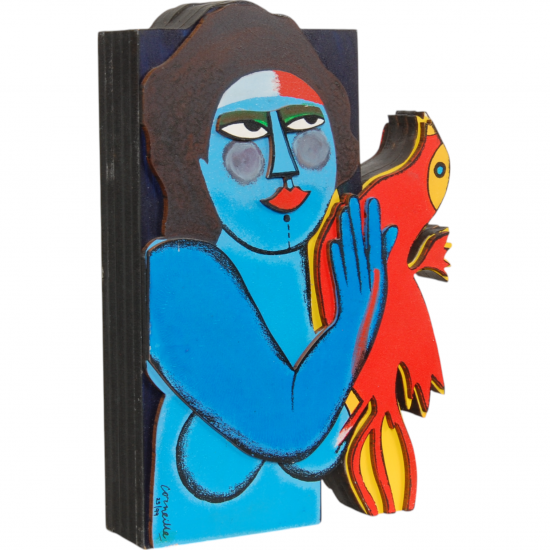 Corneille wooden Sculpture of woman and cat H: 35 Cm