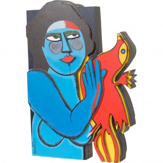 Corneille wooden Sculpture of woman and cat H: 35 Cm
