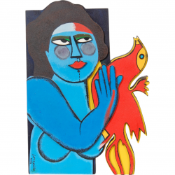 Corneille wooden Sculpture of woman and cat H: 35 Cm