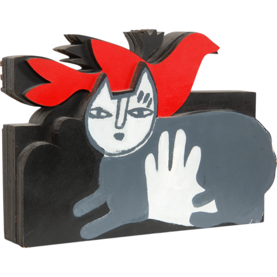 Corneille wooden Sculpture of woman and cat H: 35 Cm