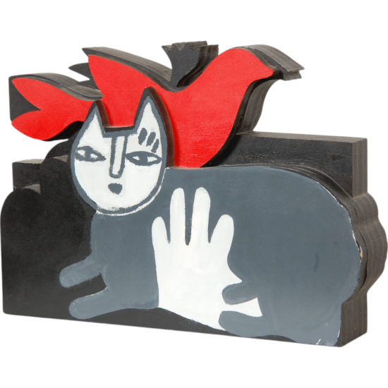 Corneille wooden Sculpture of woman and cat H: 35 Cm