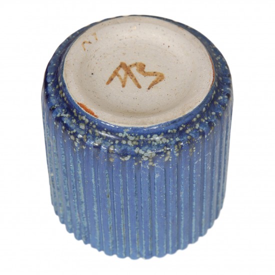 Arne Bang Stoneware blue vase with ribbed design H: 8.5