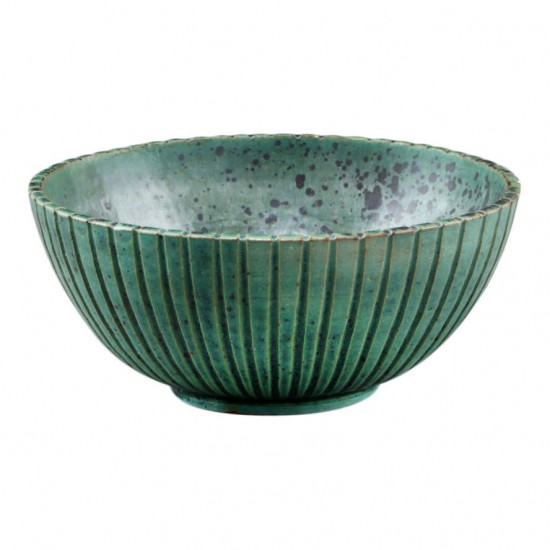 Arne Bang Stoneware bowl with ribbed body, decorated with green bird egg glaze, H: 8,3