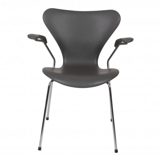 Arne Jacobsen Seven armchair, 3207, newly upholstered with dark grey classic leather