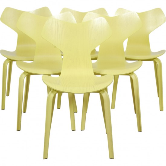 Set of 6 Yellow Arne Jacobsen Grandprix chairs