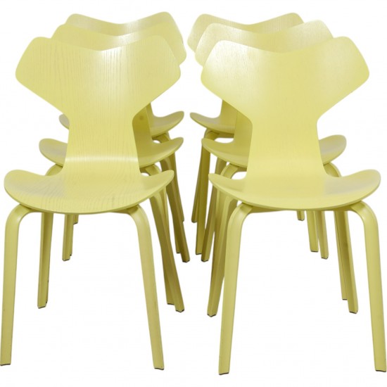 Set of 6 Yellow Arne Jacobsen Grandprix chairs