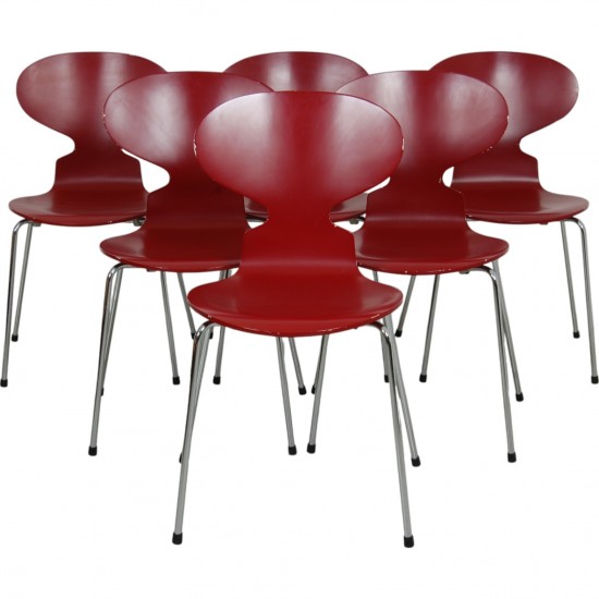 Set of six red Arne Jacobsen Ant chairs