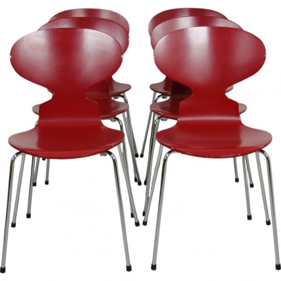 Set of six red Arne Jacobsen Ant chairs