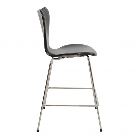 Arne Jacobsen barstool front upholstered in black leather