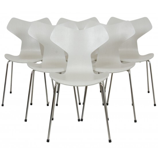 Sæt med 6 grå Arne Jacobsen Grandprix stole