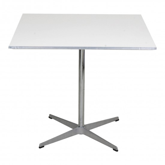 Arne Jacobsen Café table with white laminate and metal border 80x80