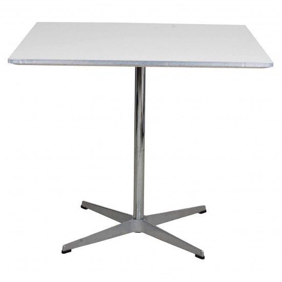 Arne Jacobsen Café table with white laminate and metal border 80x80