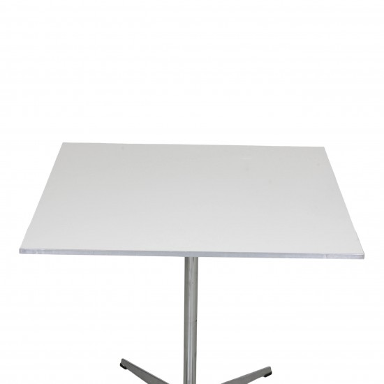 Arne Jacobsen Café table with white laminate and metal border 80x80