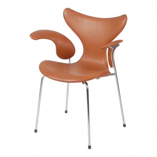 Arne Jacobsen Lily armchair, 3208 newly upholstered with cognac aniline leather