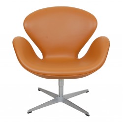 Arne Jacobsen Swan newly upholstered in cognac Nevada aniline leather