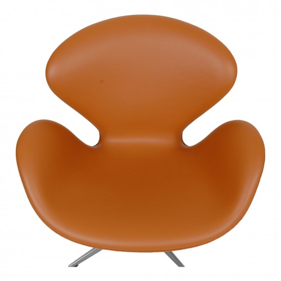 Arne Jacobsen Swan newly upholstered in cognac Nevada aniline leather