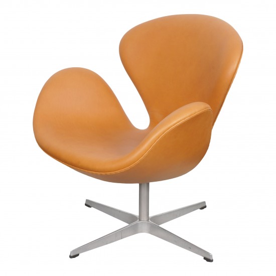 Arne Jacobsen Swan newly upholstered with cognac aniline leather