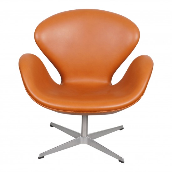 Arne Jacobsen Swan newly upholstered with walnut aniline leather