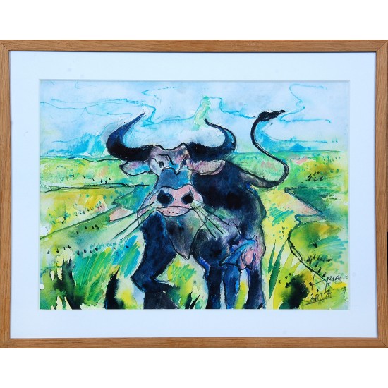 Bernhard Lipsøe Bull Watercolor Painting 29x39